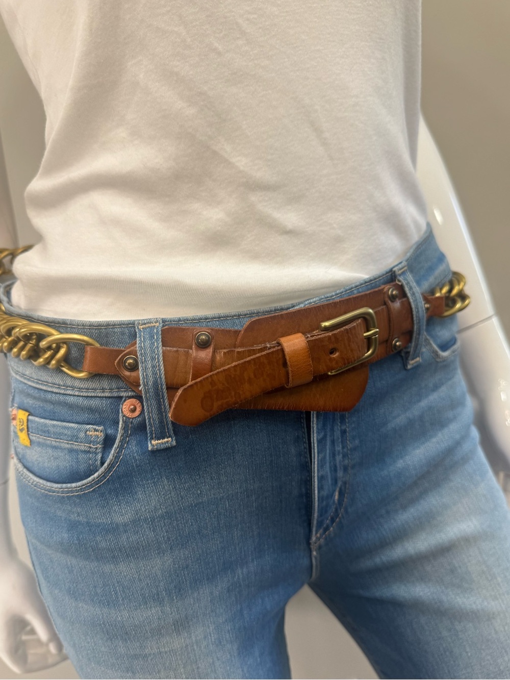 LINEA PELLE Brown Leather Gold Chain Belt Distressed Boho Statement Size Large